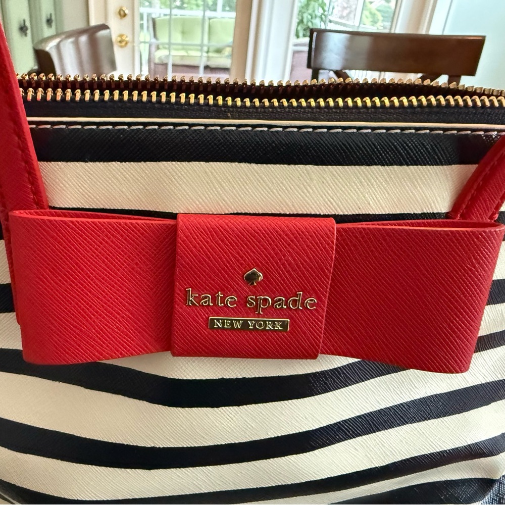 Kate Spade Black and White Striped Satchel with Red Accents - Picture 6 of 8